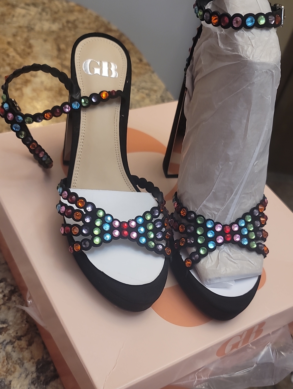 Gianni Bini Black Heeled Sandals with Multicolor Gem Accents Size 8